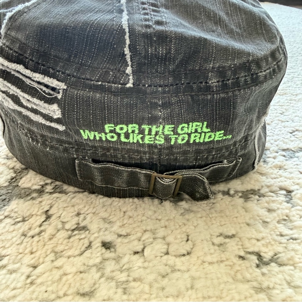 Woman’s Distressed Military Style Black Hat with Green Embroidery - Picture 4 of 9